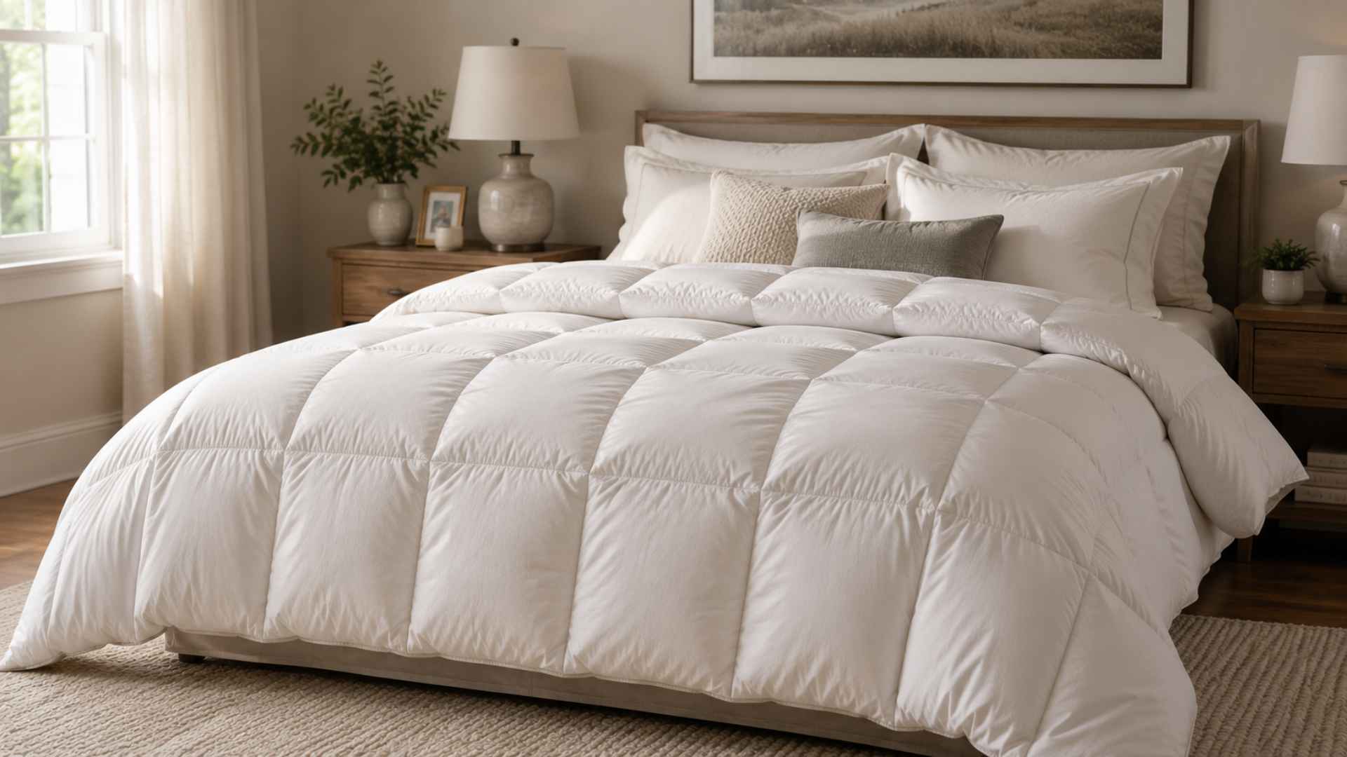 Modern bedroom featuring a fluffy white comforter with soft neutral decor and sunlight