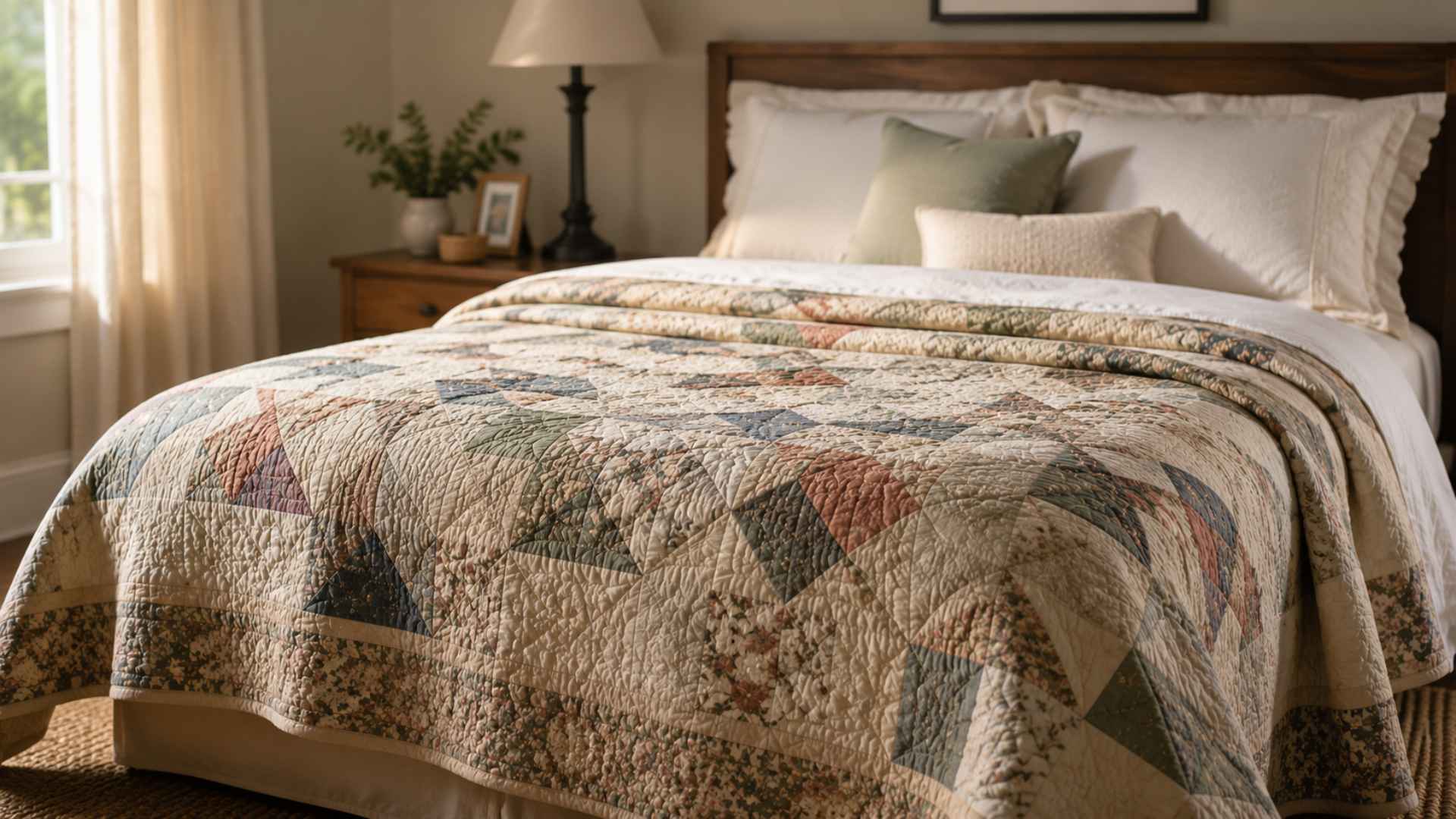 Patchwork quilt with floral and geometric stitched pattern draped over a bed in a cozy farmhouse bedroom.