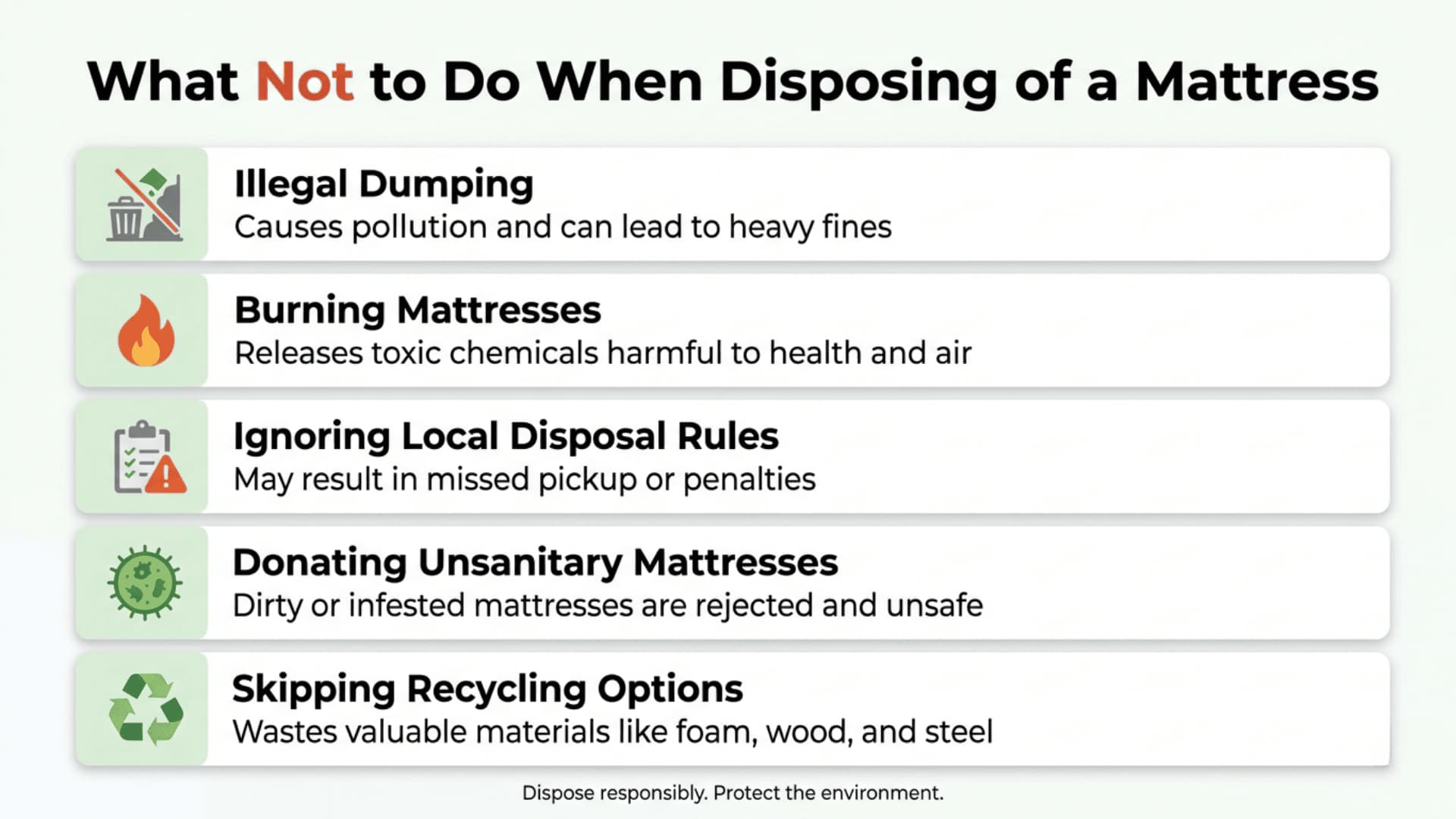 what not to do when disposing of a mattress infographic showing common mistakes and eco tips