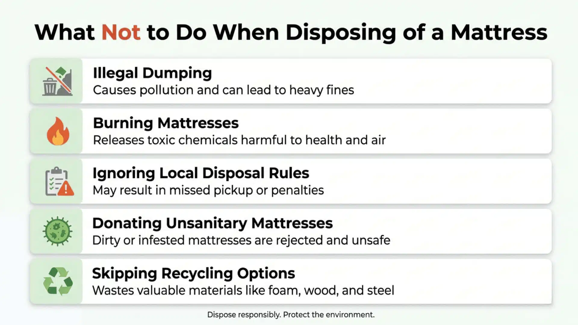 what not to do when disposing of a mattress infographic showing common mistakes and eco tips