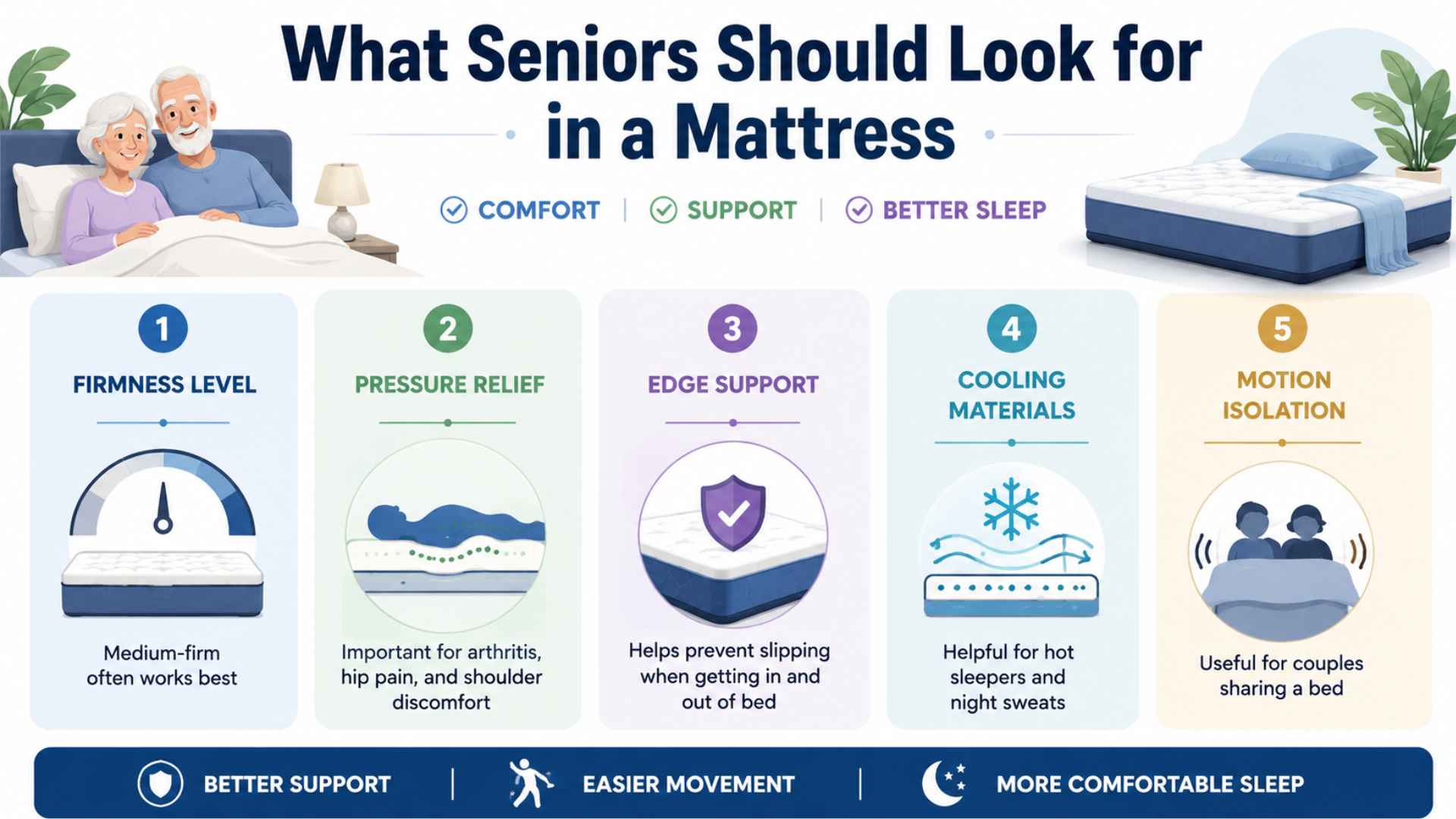 Infographic showing mattress features seniors should look for including support, cooling, pressure relief, and motion isolation.