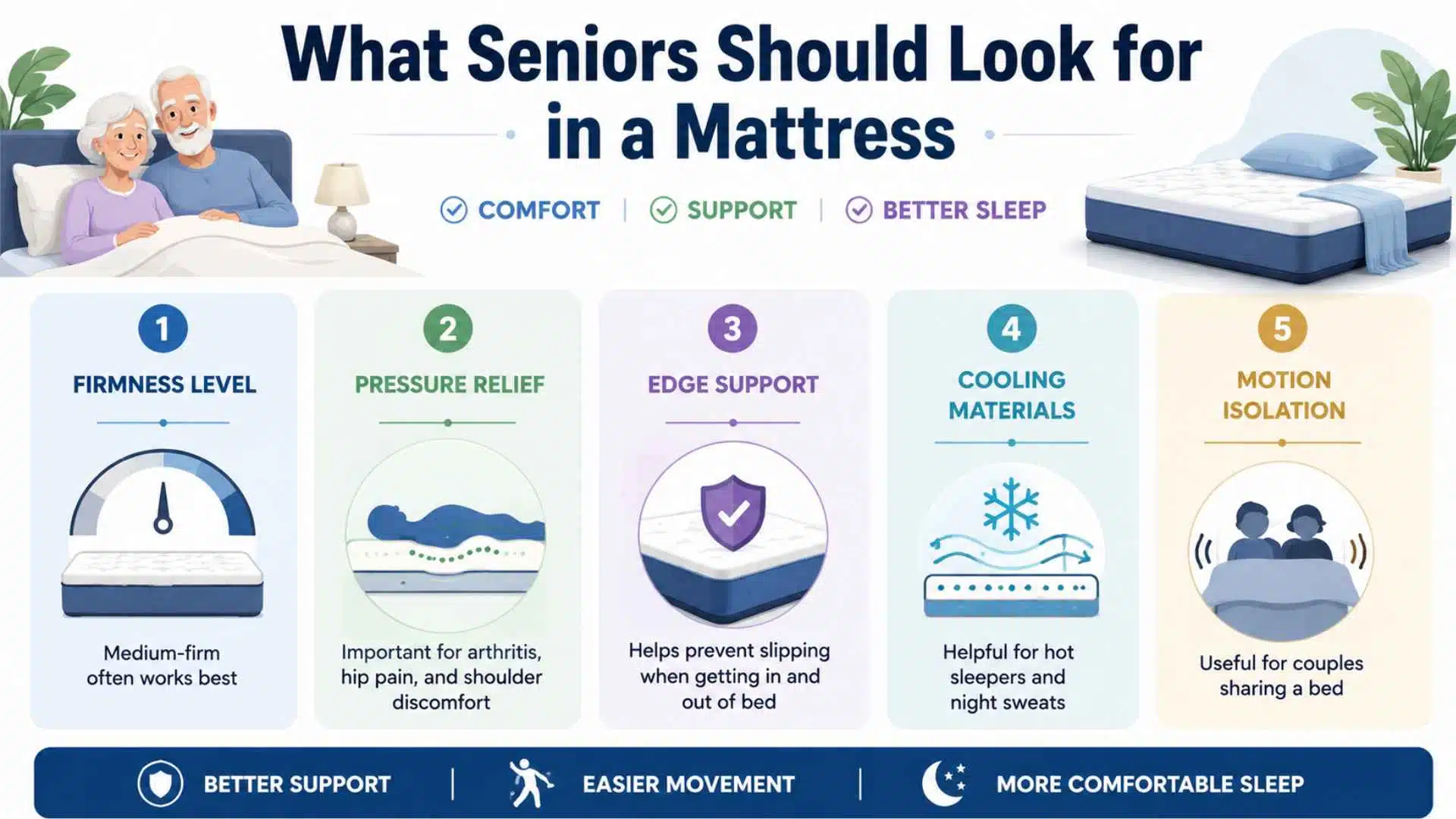 Infographic showing mattress features seniors should look for including support, cooling, pressure relief, and motion isolation.