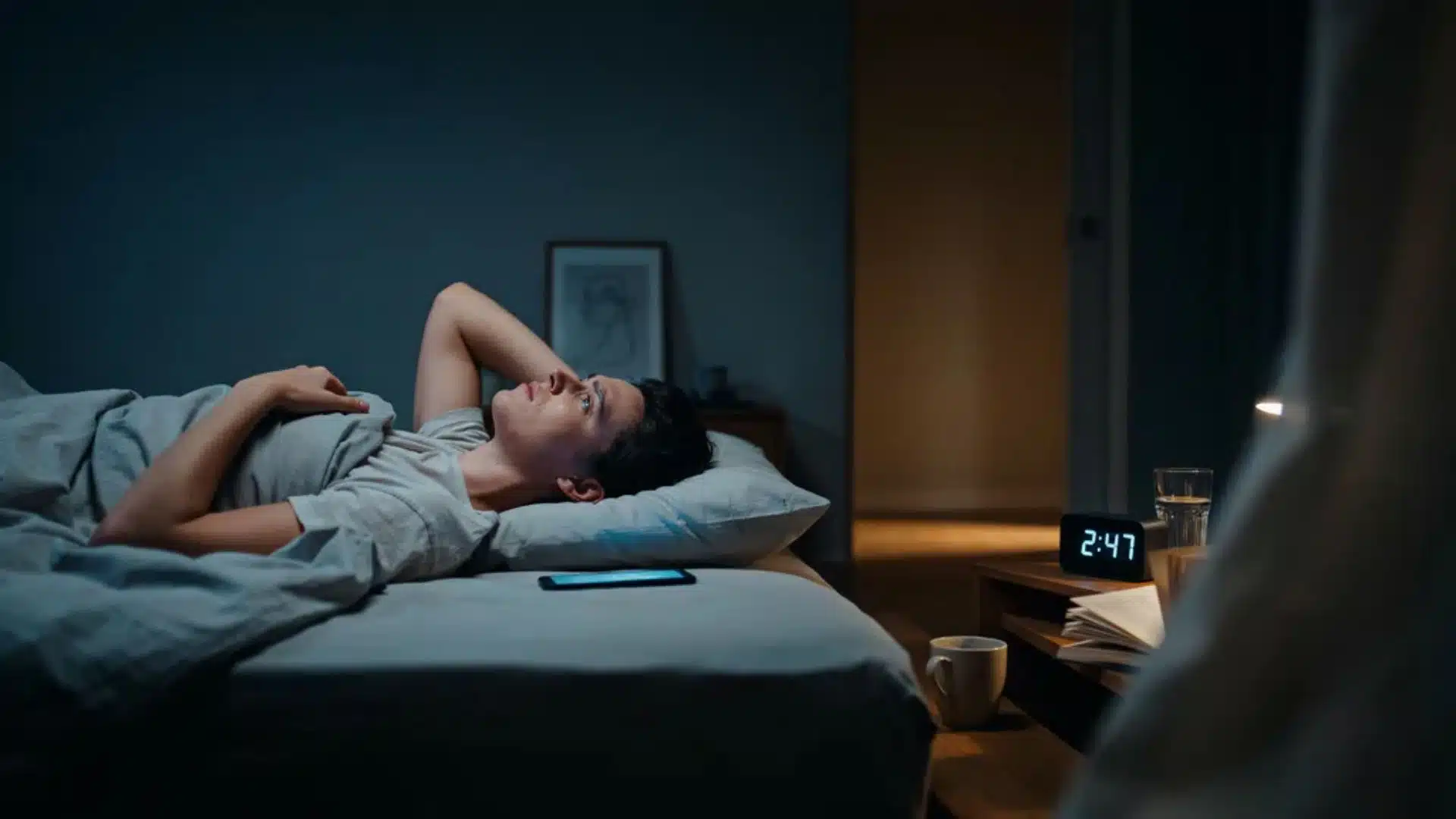 person lying awake in bed at night looking frustrated with phone nearby and clock showing late hour