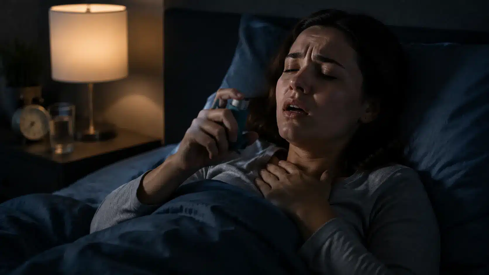 Woman in a dimly lit bedroom at night struggling to breathe while holding an inhaler in bed