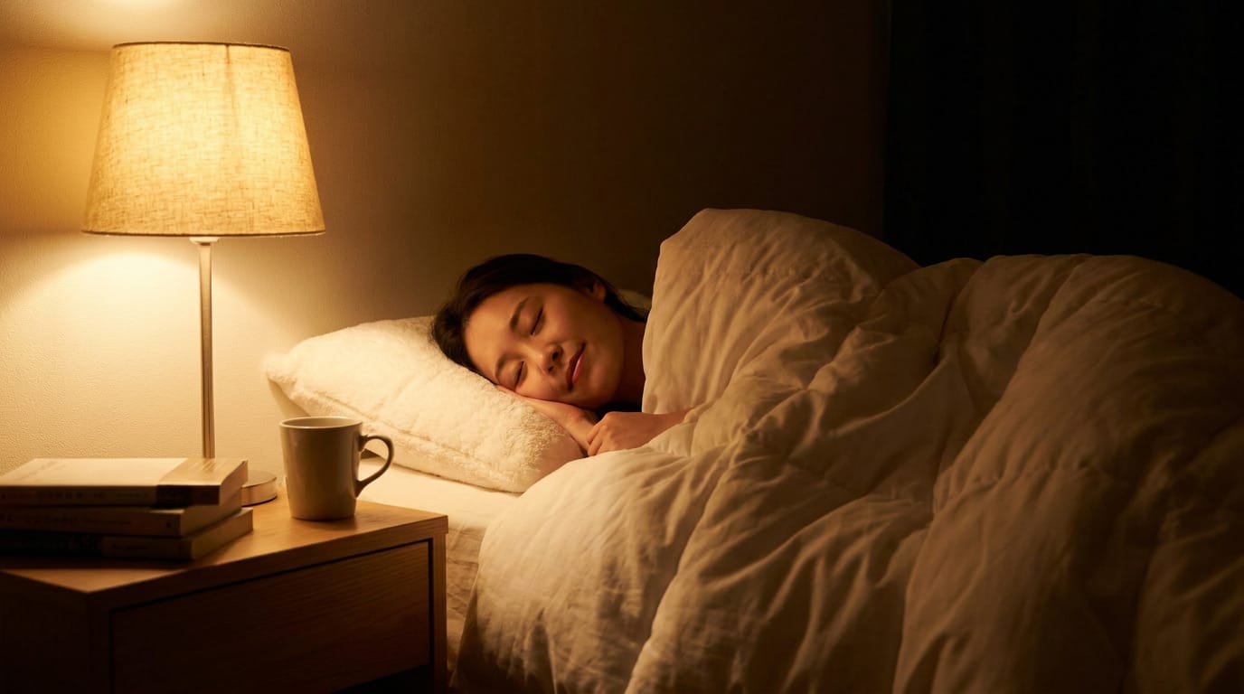 Woman sleeping peacefully in bed at night with warm bedside lamp, white pillow and blanket, deep sleep