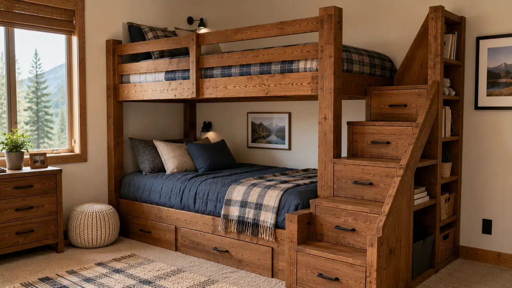 Wooden bunk bed with built-in stairs and storage drawers