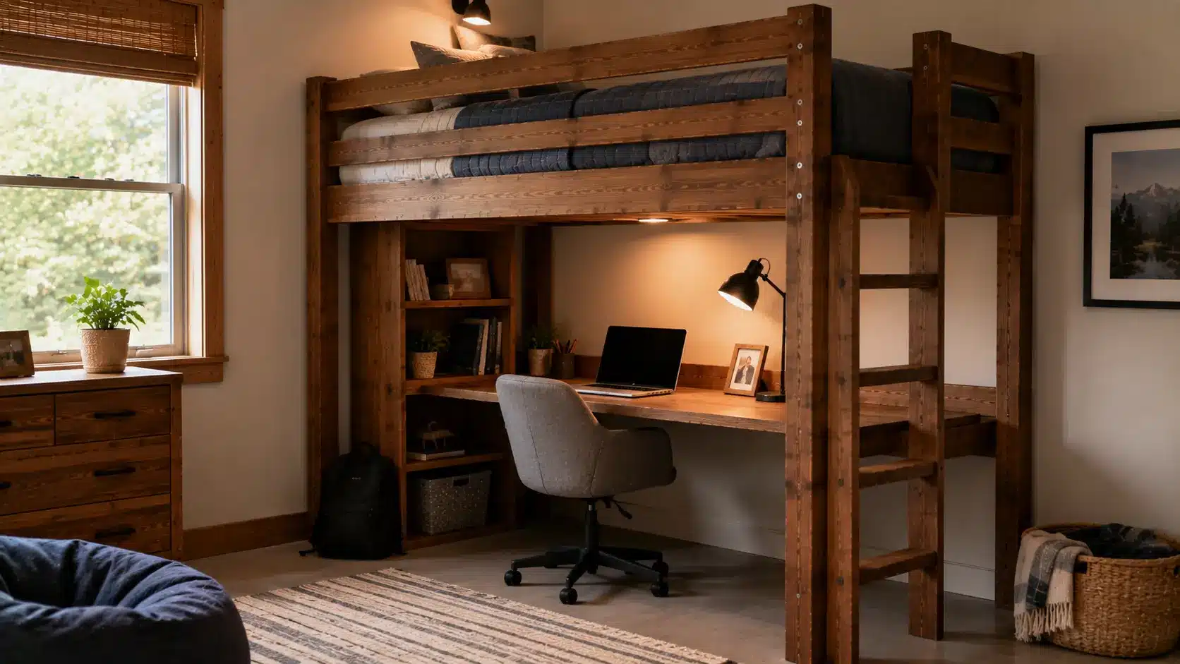 Wooden loft bunk bed with desk and study area underneath