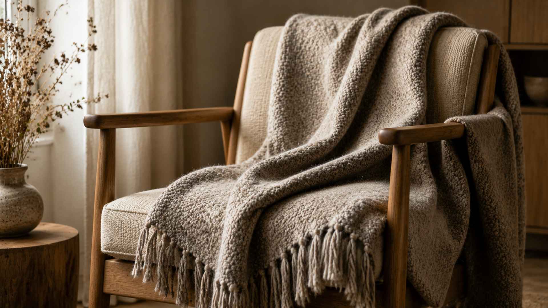 A wool throw blanket draped over wooden armchair interior