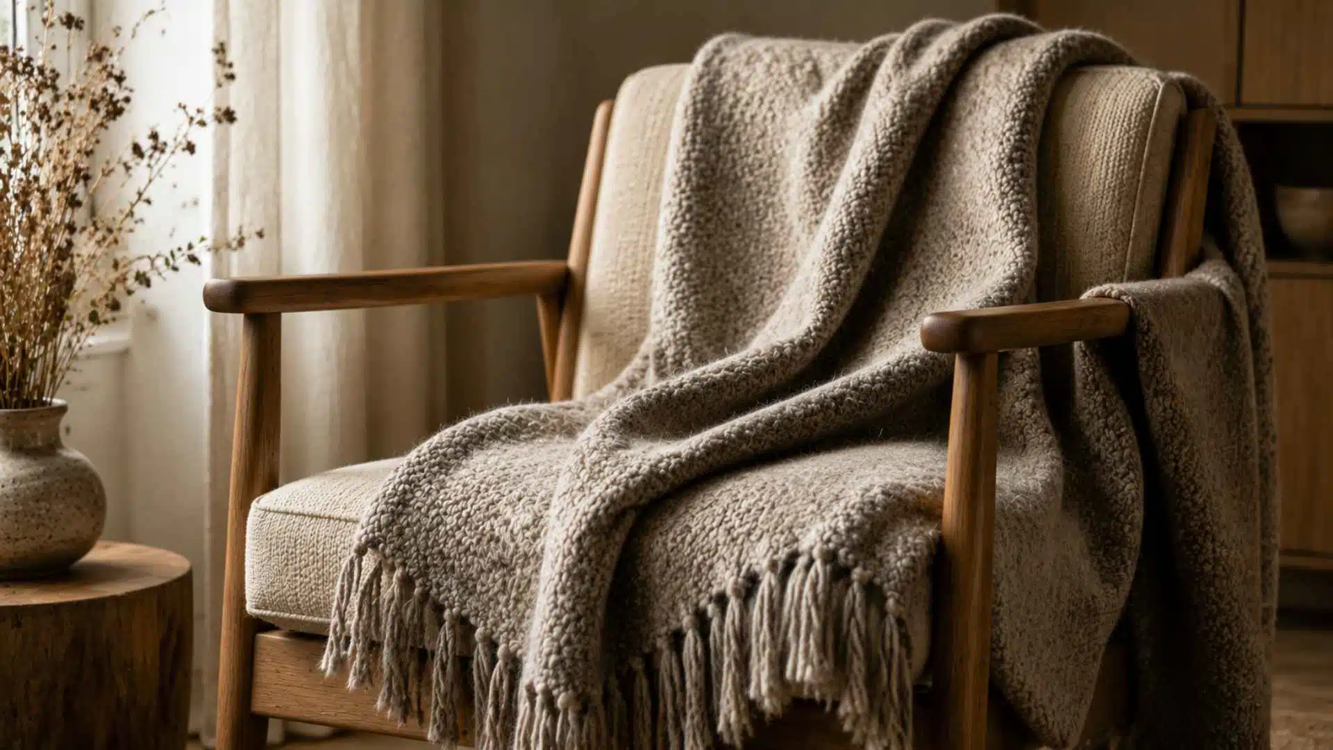 A wool throw blanket draped over wooden armchair interior