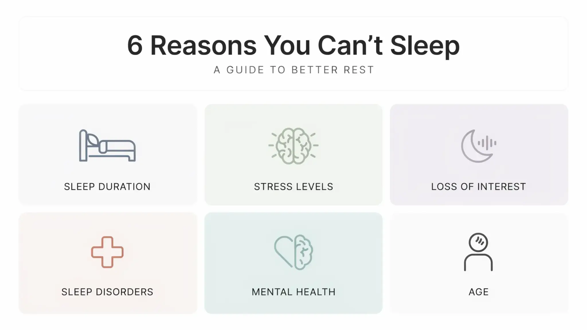 Infographic 6 Reasons You Can't Sleep showing icons for sleep duration, stress, loss of interest, sleep disorders, mental health, age