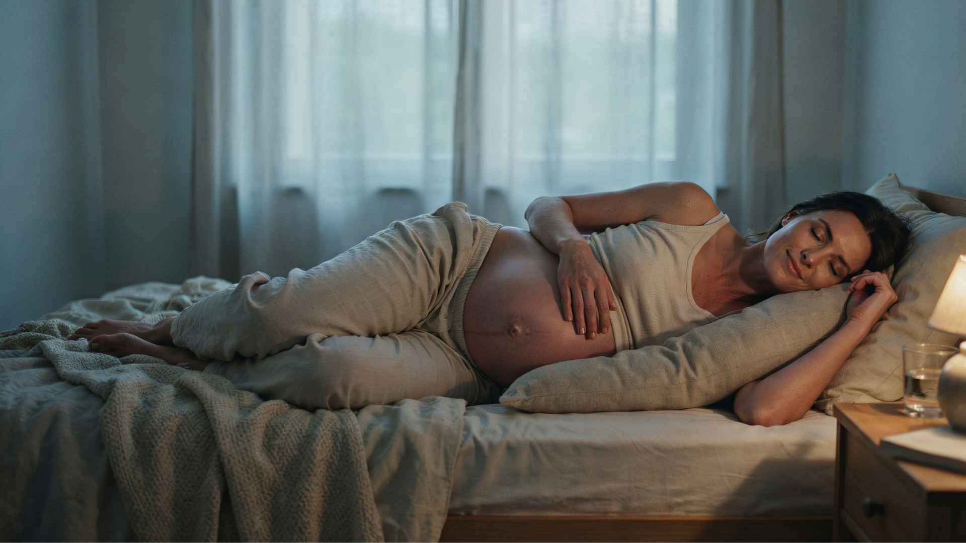 Pregnant woman sleeping on left side on a wedge pillow to relieve nighttime acid reflux in the third trimester