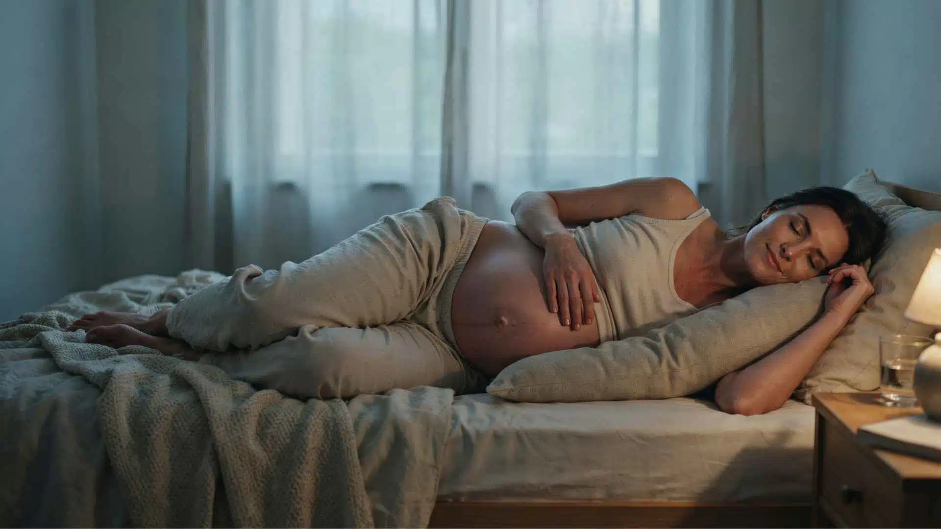 Pregnant woman sleeping on left side on a wedge pillow to relieve nighttime acid reflux in the third trimester