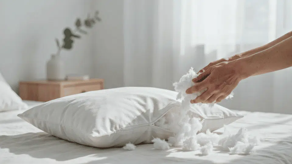 Fiberfill being added into opened pillow seam, stuffing partially inside.