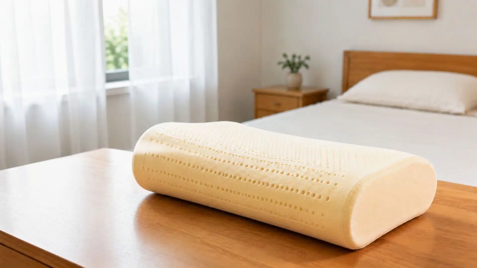 Beige orthopedic memory foam neck pillow placed on wooden bedside table in a bright bedroom with bed and window light