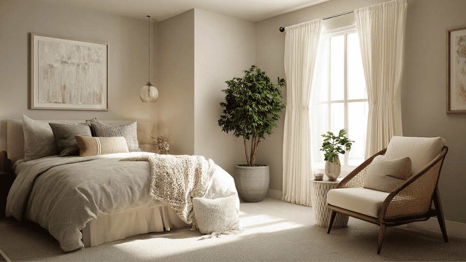 Bedroom with angled accent chair adding visual interest to the layout