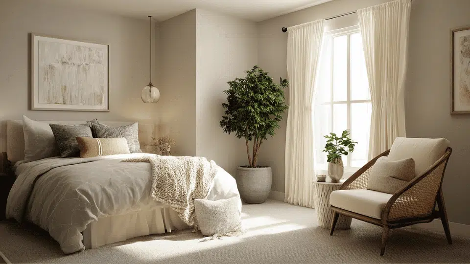 Bedroom with angled accent chair adding visual interest to the layout