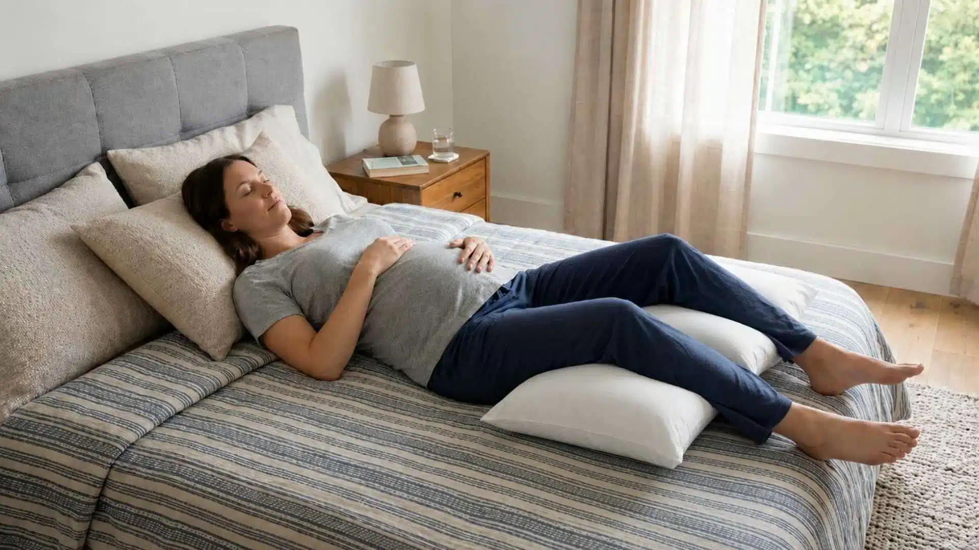 Pregnant woman sleeping on her back with a support pillow under her knees in a light neutral bedroom