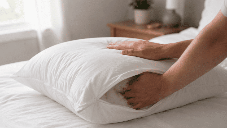 Hand inside pillow redistributing fill while other hand presses from above.