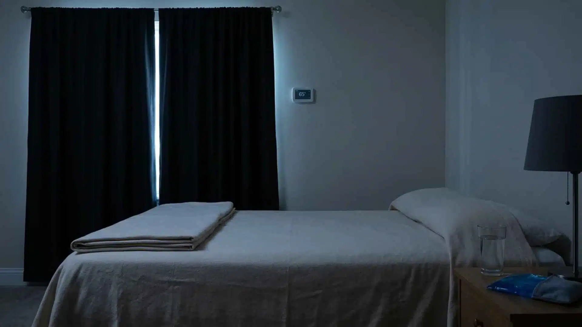 cool dark bedroom setup for better sleep with calcific tendonitis pain at night