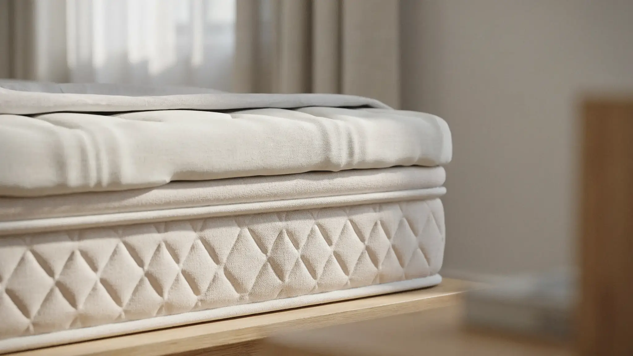 Close-up of a mattress topper layered over a mattress pad on a wooden bed showing a combined bedding setup.