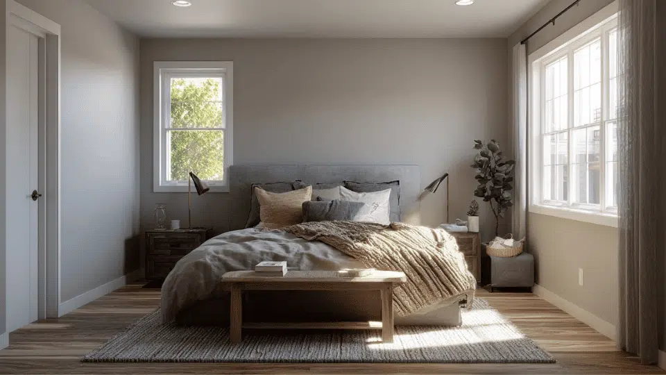 Modern bedroom with bed centered on the main wall and balanced furniture layout