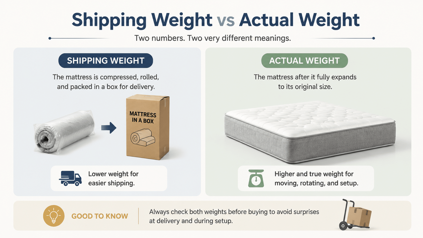 Side-by-side comparison explaining mattress weight in a compressed shipping form versus the fully expanded real weight used at home.