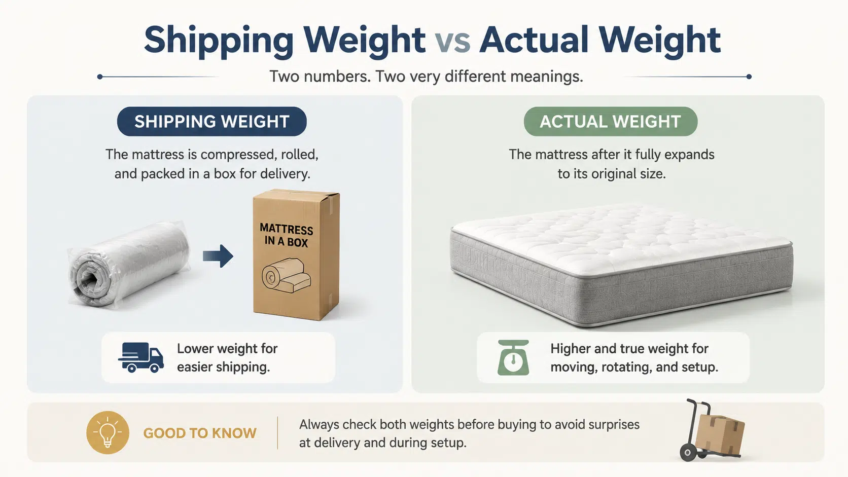 Side-by-side comparison explaining mattress weight in a compressed shipping form versus the fully expanded real weight used at home.