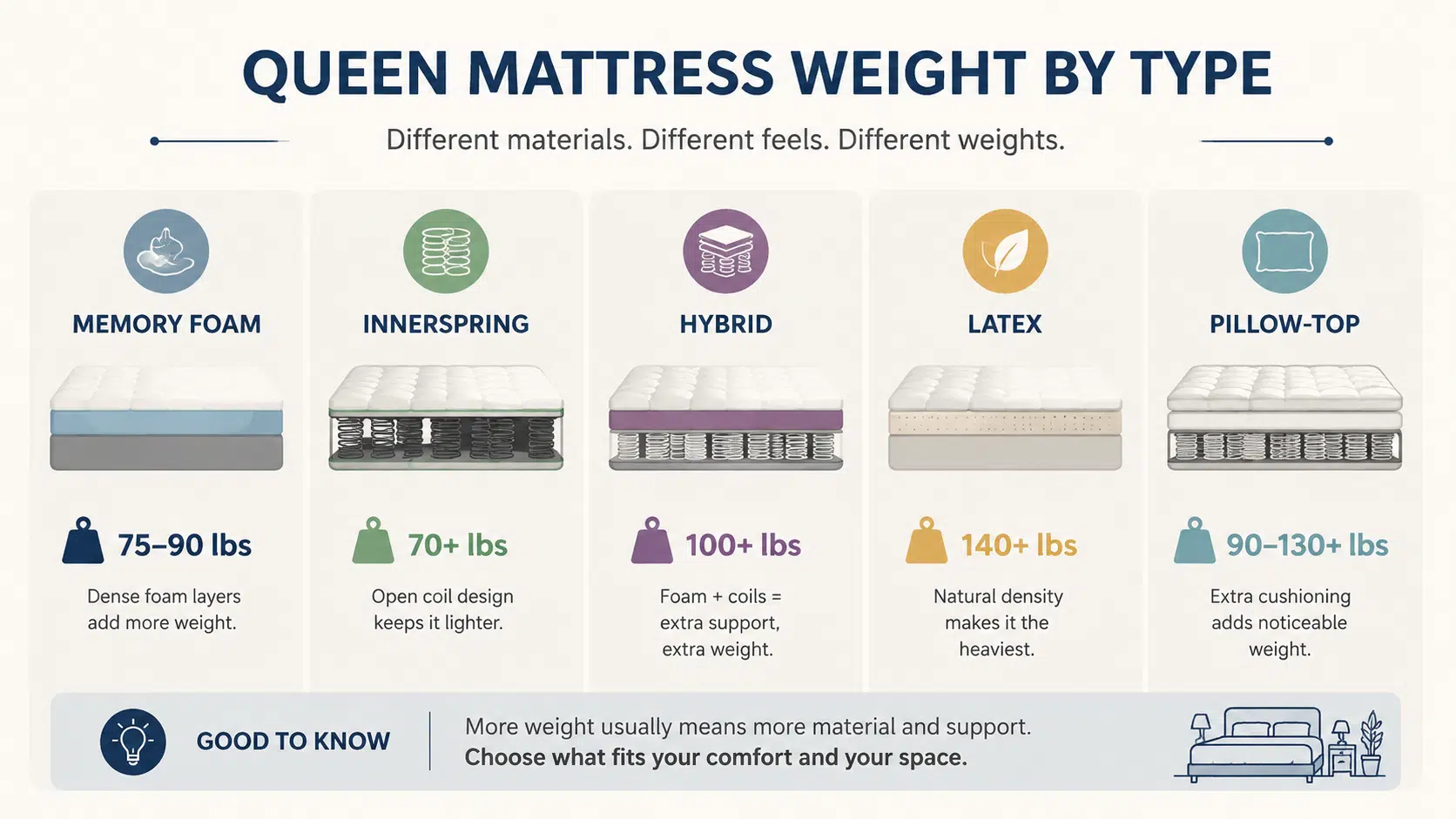 A clean layout comparing different queen mattress types, showing how memory foam, innerspring, hybrid, latex, and pillow-top options vary in weight and structure.