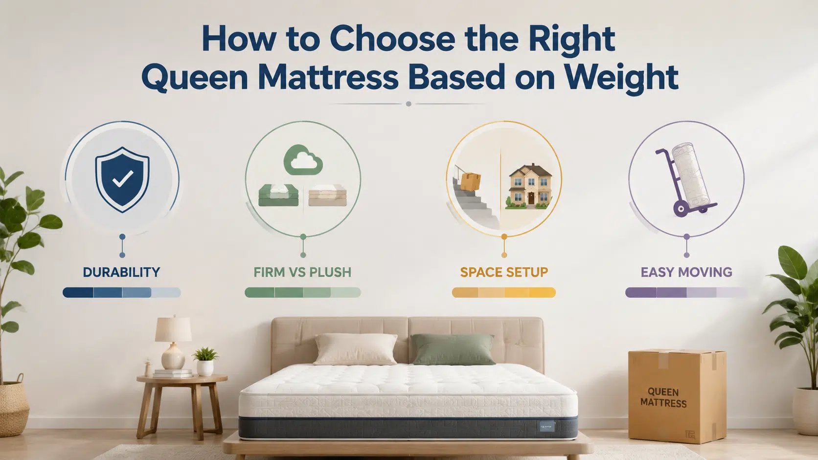 A lifestyle-based display showing how mattress weight affects durability, firmness, home setup, and ease of moving in different living situations.