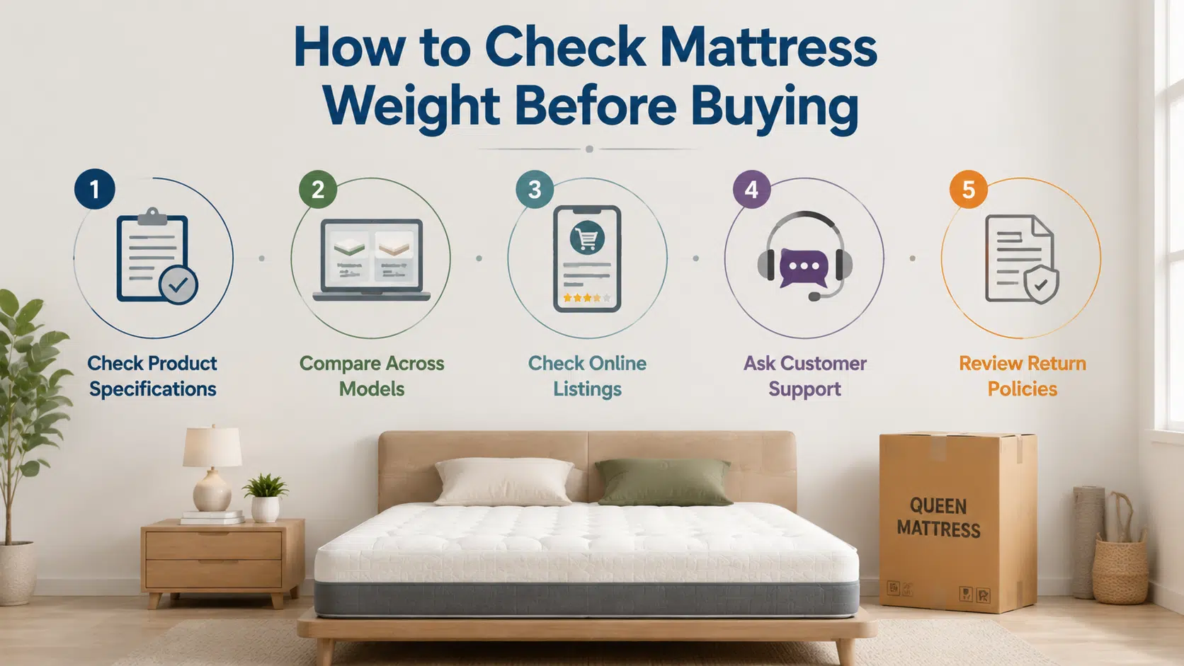 Step-based visual showing simple ways to check mattress weight using product details, online listings, customer support, and return policy checks.