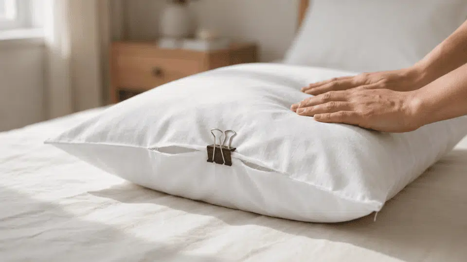Pillow pressed under towel with binder clip closing seam, testing firmness.