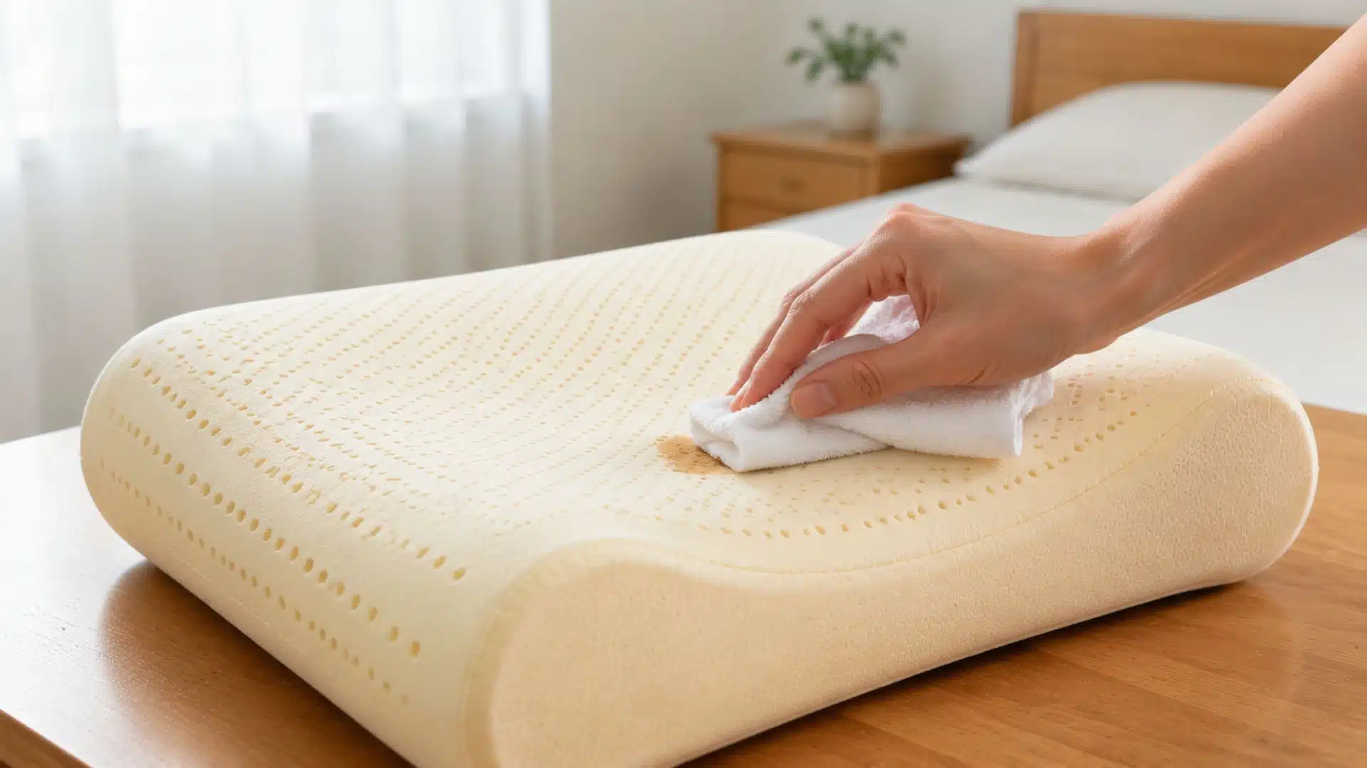Dab stains gently: hand pressing white cloth on stain beige memory foam pillow, wooden table