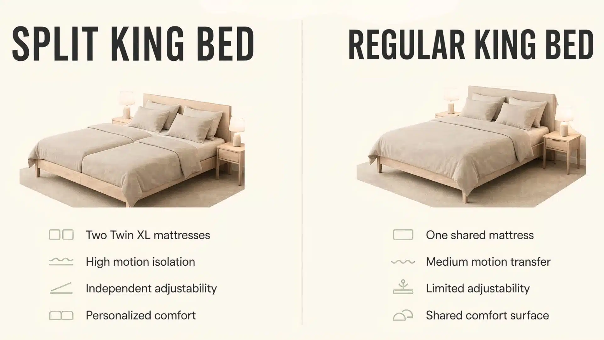 Split king bed vs regular king bed showing motion isolation and adjustability differences