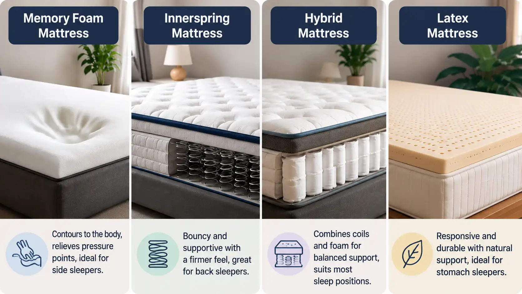 Memory foam, innerspring, hybrid and latex mattresses shown in clean side-by-side comparison layout.