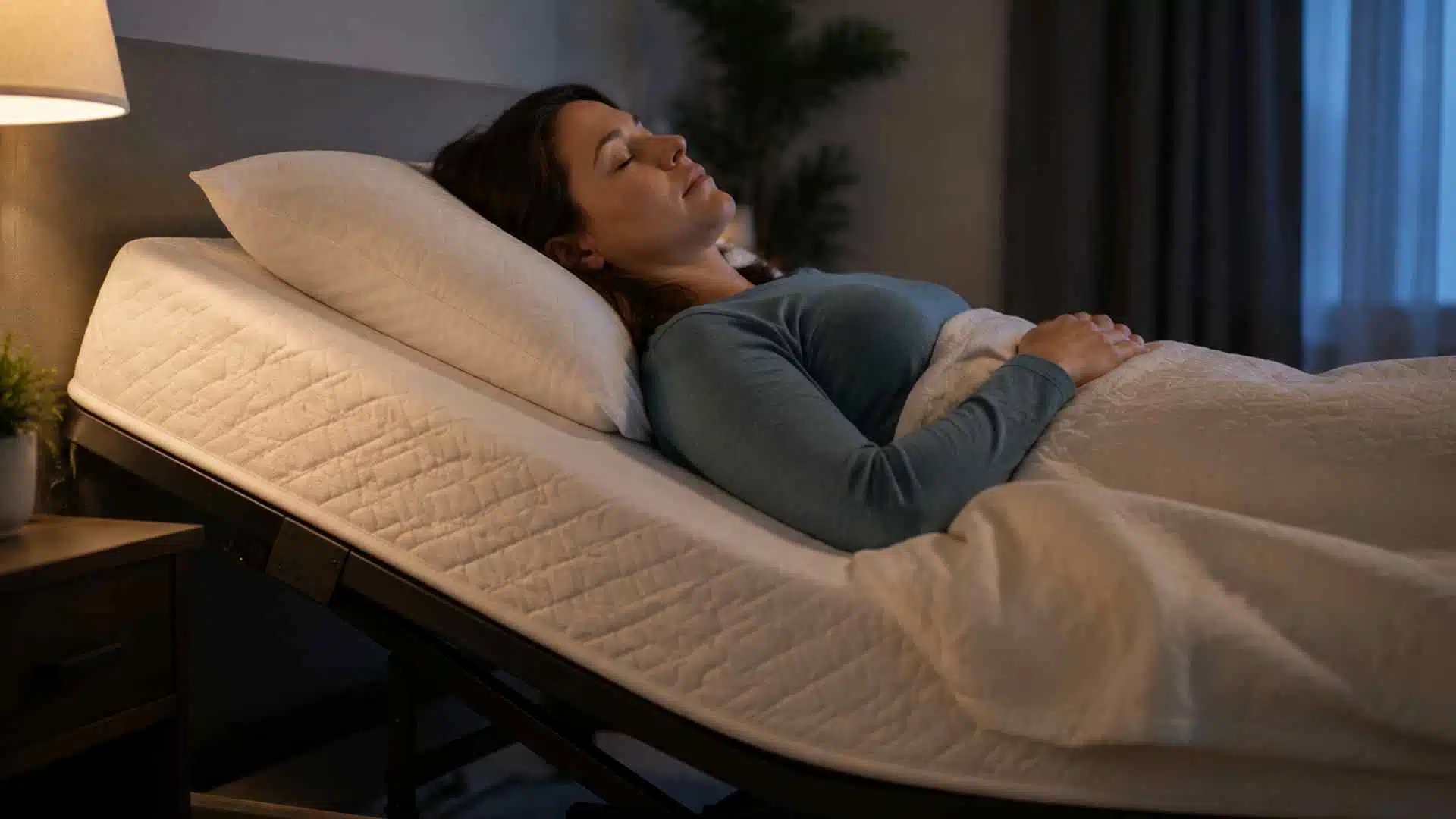 Woman sleeping on an inclined adjustable bed in a dim bedroom, showing elevated torso for nighttime acid reflux relief.