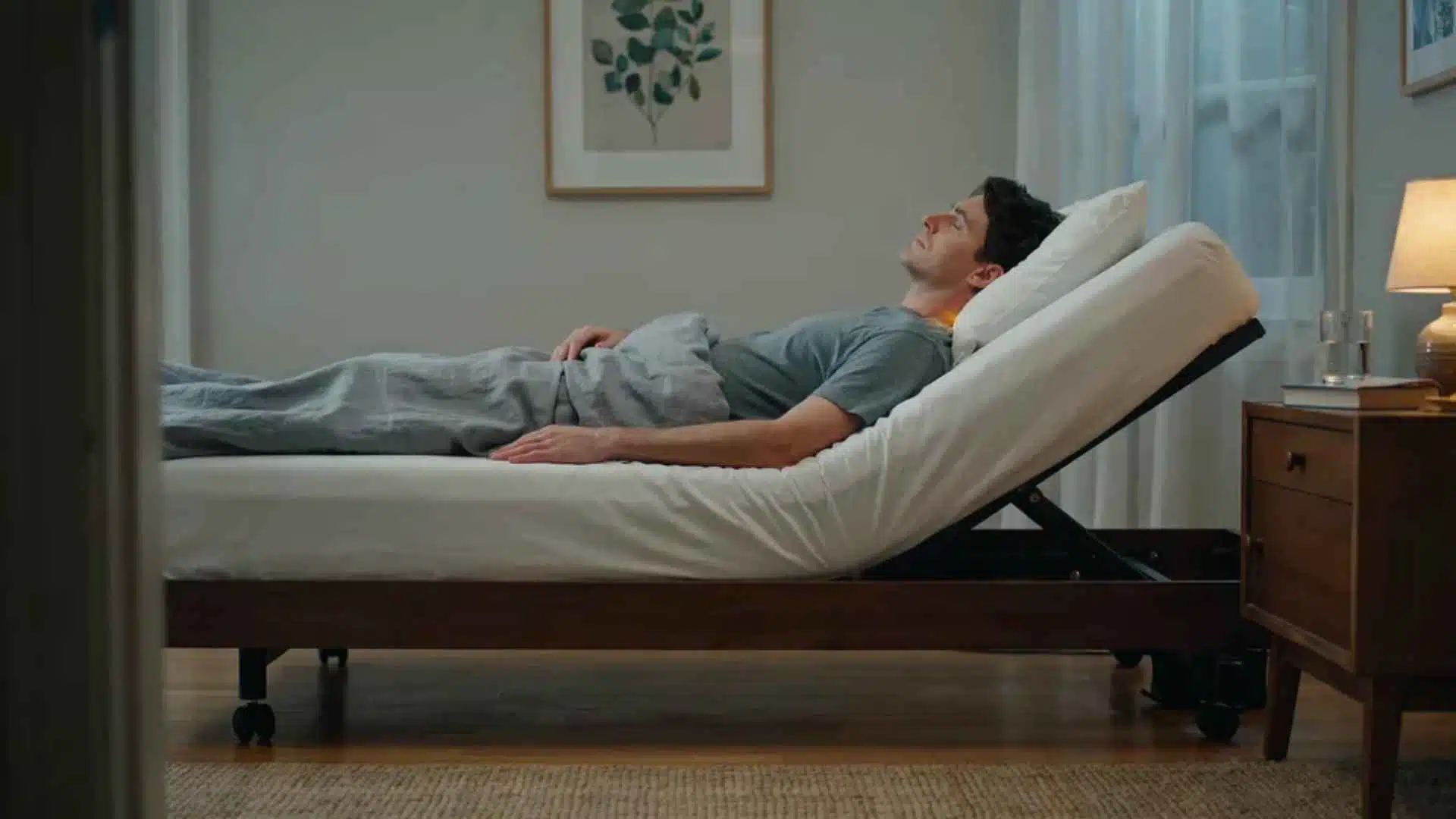Person sleeping on a bed raised 6 to 8 inches at the head end showing correct full torso incline position