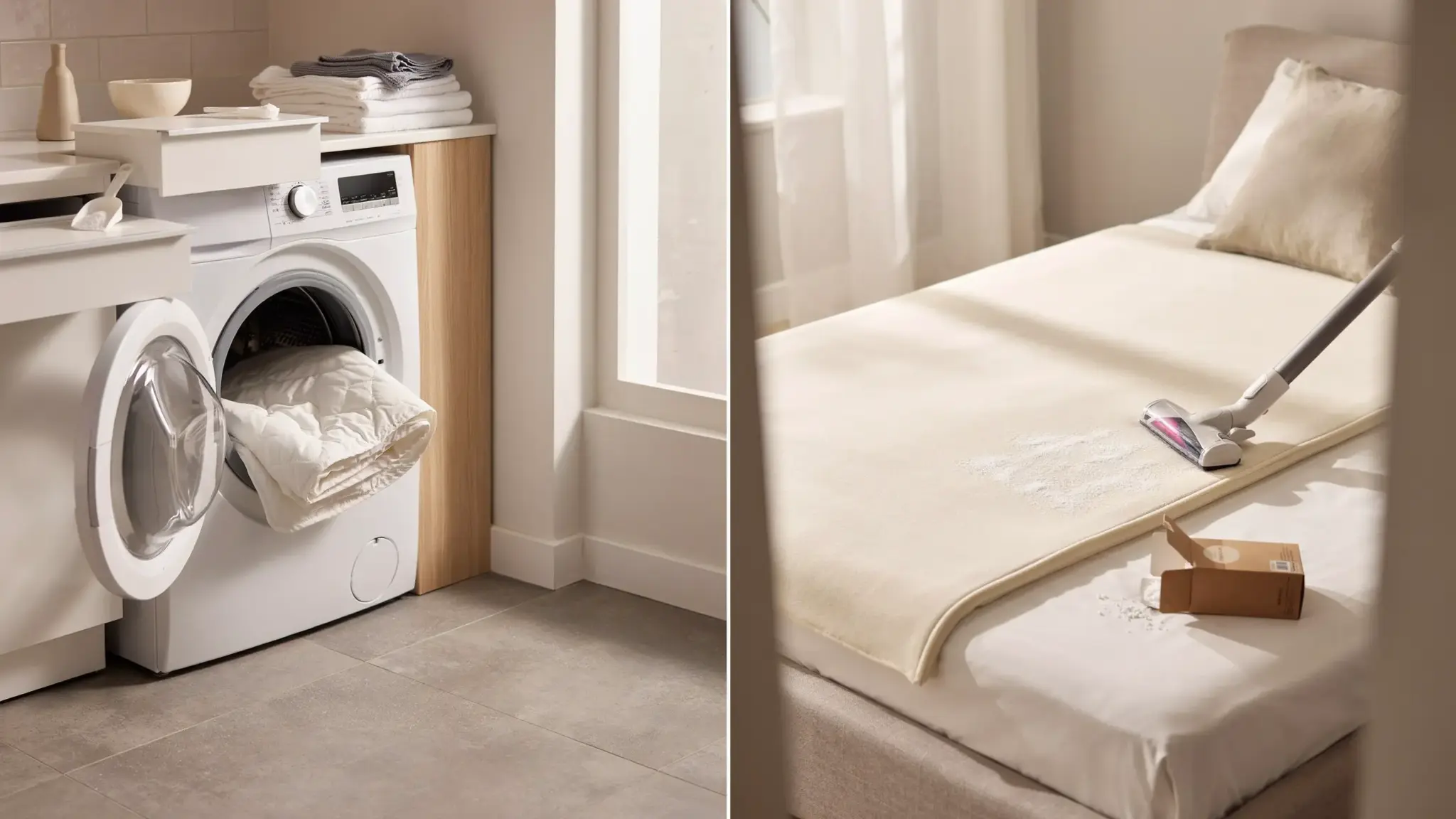 Split image: mattress pad being loaded into washing machine and mattress topper being vacuumed with baking soda on bed.