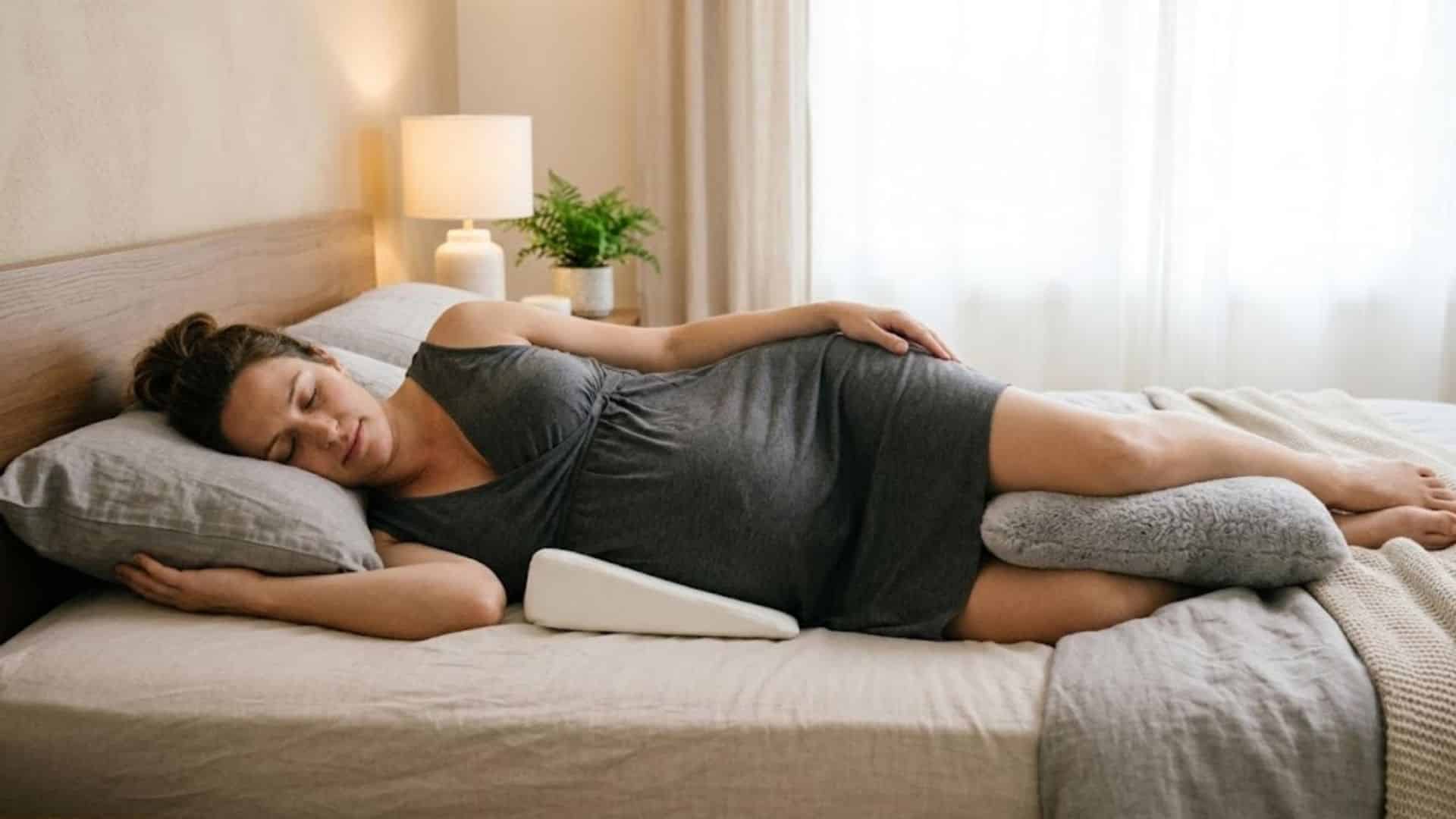 Pregnant woman lying on her side with a wedge pillow supporting her belly and a bolster between her knees