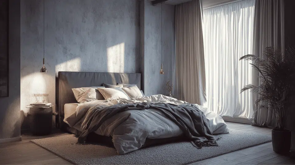 Spacious bedroom with bed floating slightly away from the wall