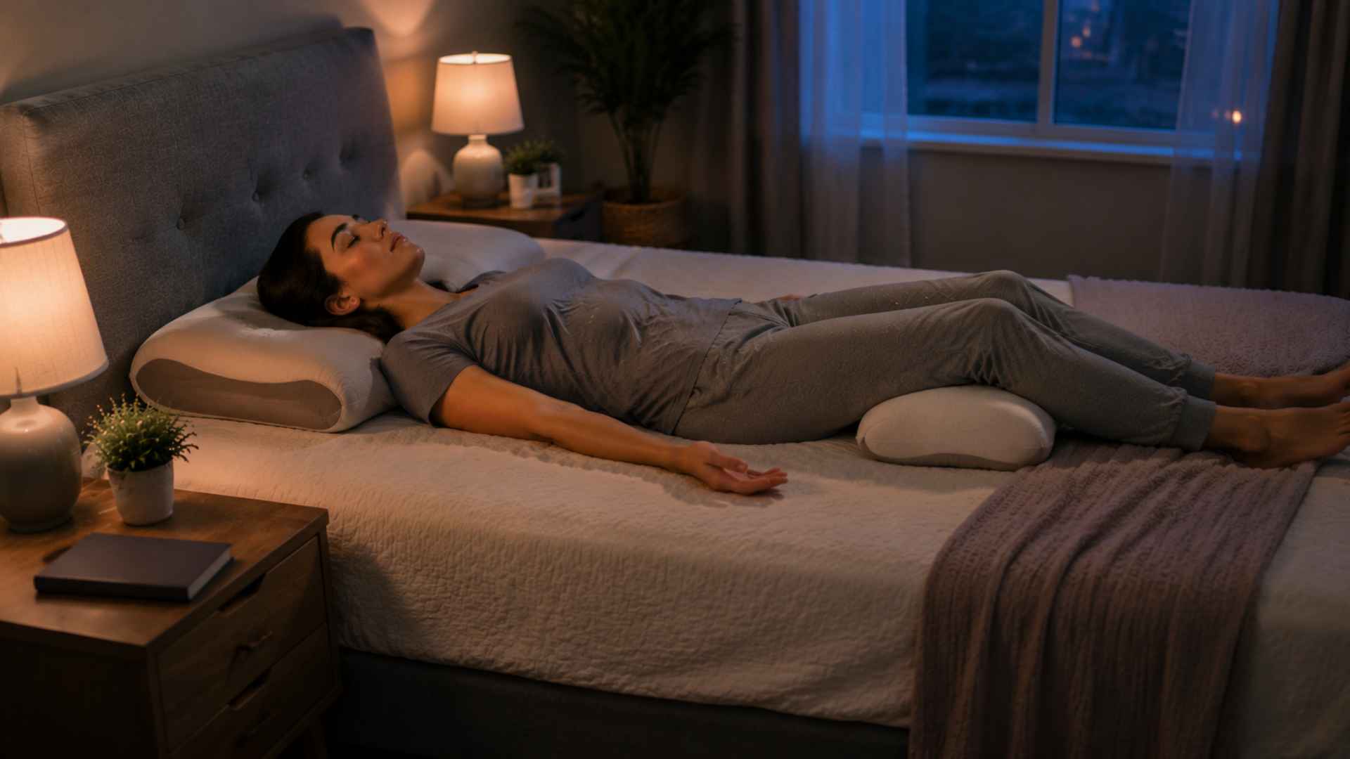 Woman lying on back with knee pillow in cozy bedroom