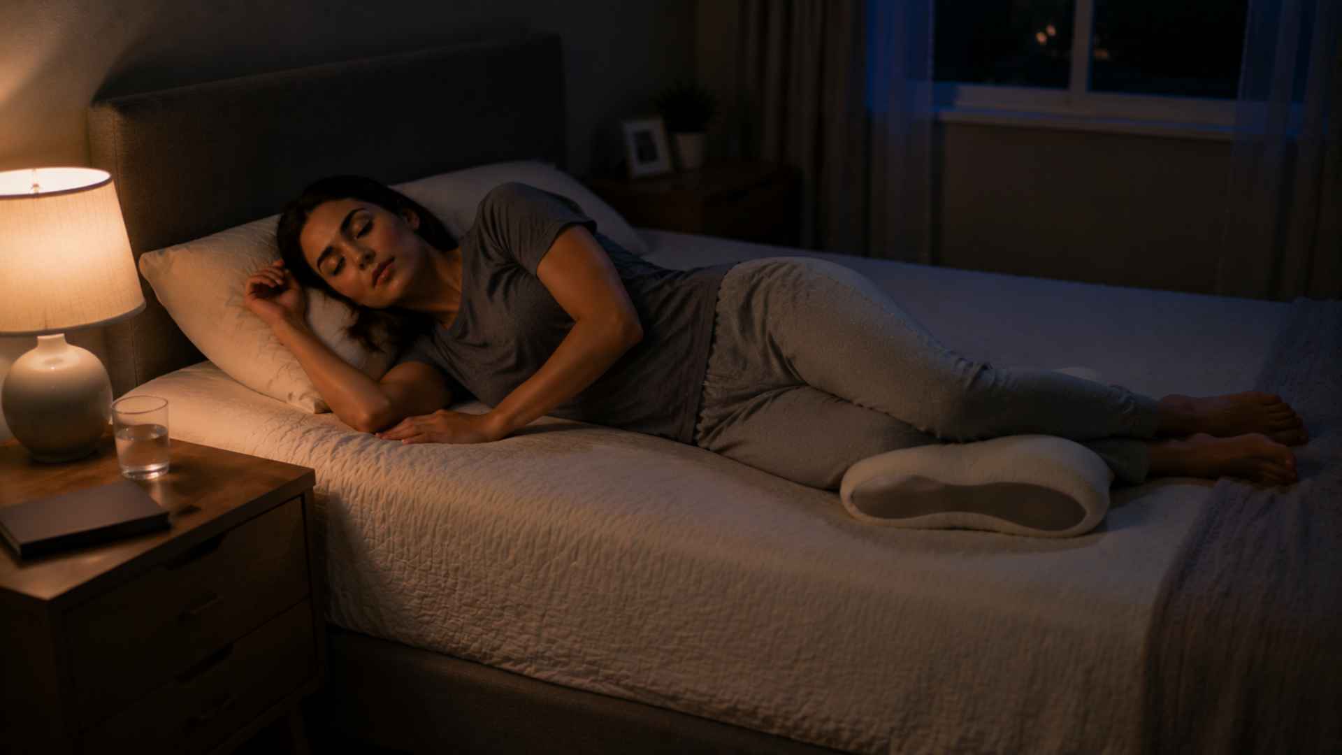 Woman asleep on her side in a cozy dimly lit bedroom at night