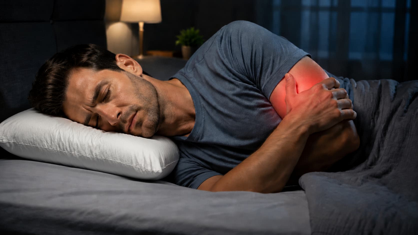 Man sleeping on side in bed with herniated C6-C7 disc showing arm pain and cervical nerve discomfort at night.