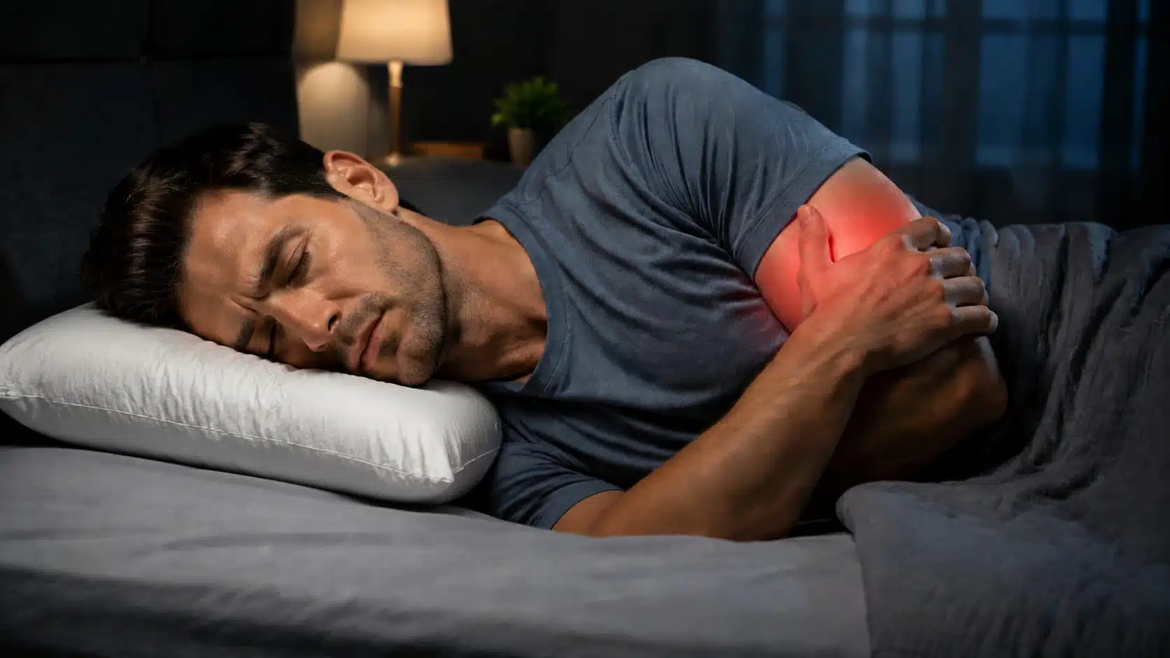 Man sleeping on side in bed with herniated C6-C7 disc showing arm pain and cervical nerve discomfort at night.
