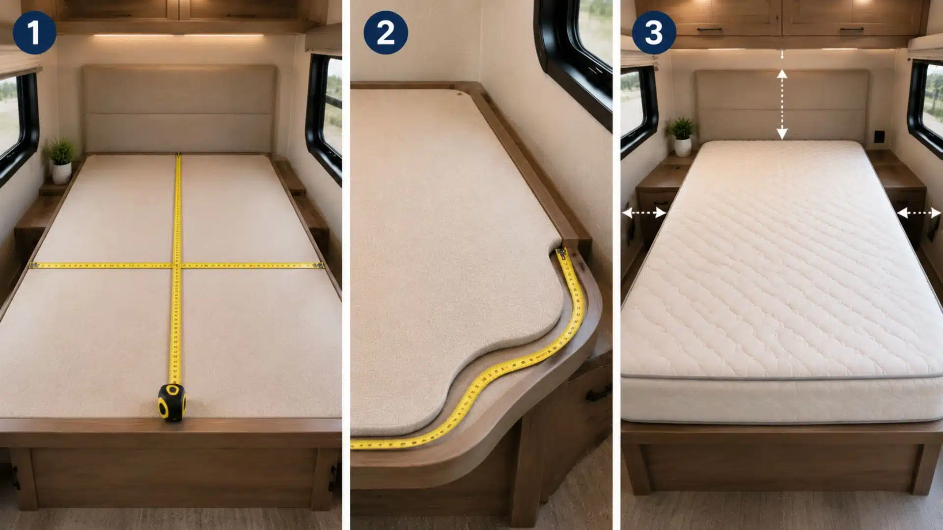Step by step RV bed measurement guide showing tape measure use, corner check, and clearance check in clean numbered
