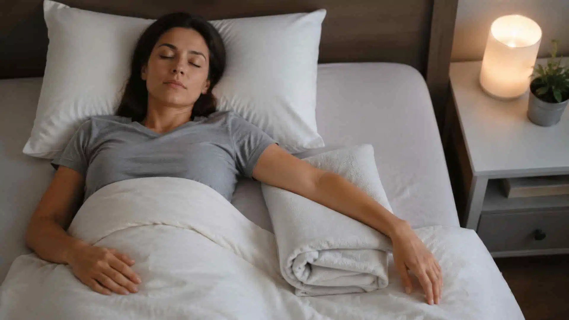 Overhead view of woman sleeping peacefully on a white bed with pillows, soft lighting, bedside lamp and plant