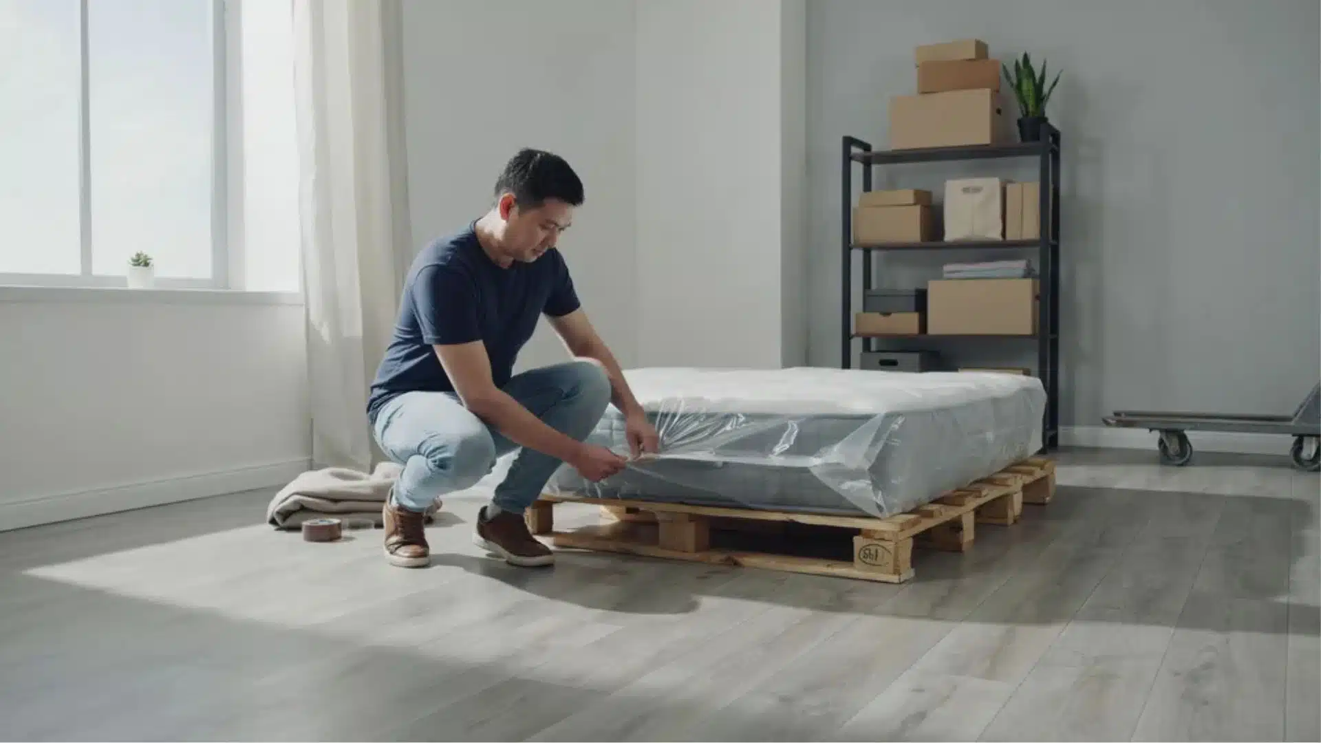 Man storing mattress on pallet in clean room with natural light ensuring safe dust free organized long term storage setup