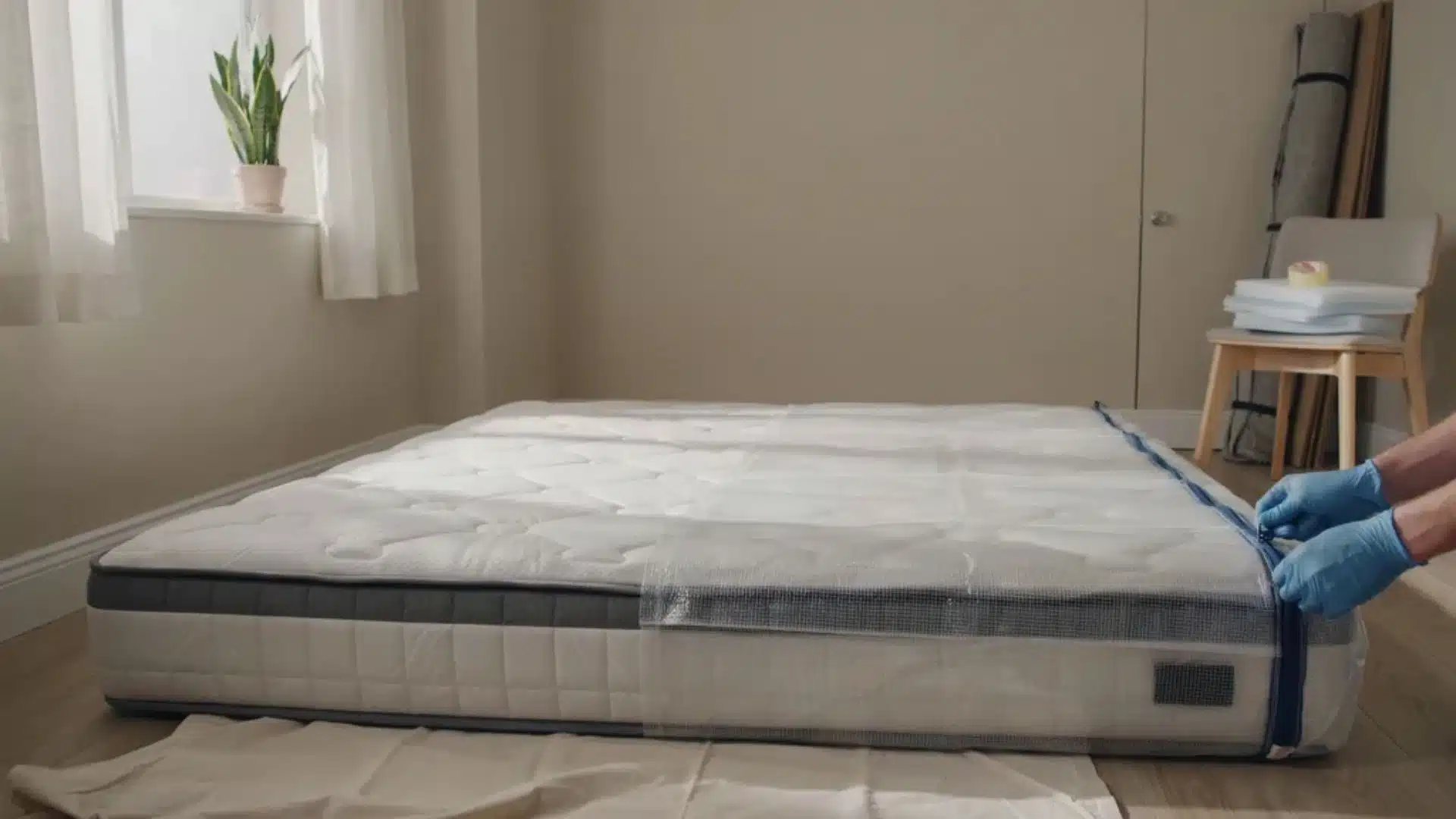 Gloved hands seal mattress inside breathable storage bag in a prepared bedroom space