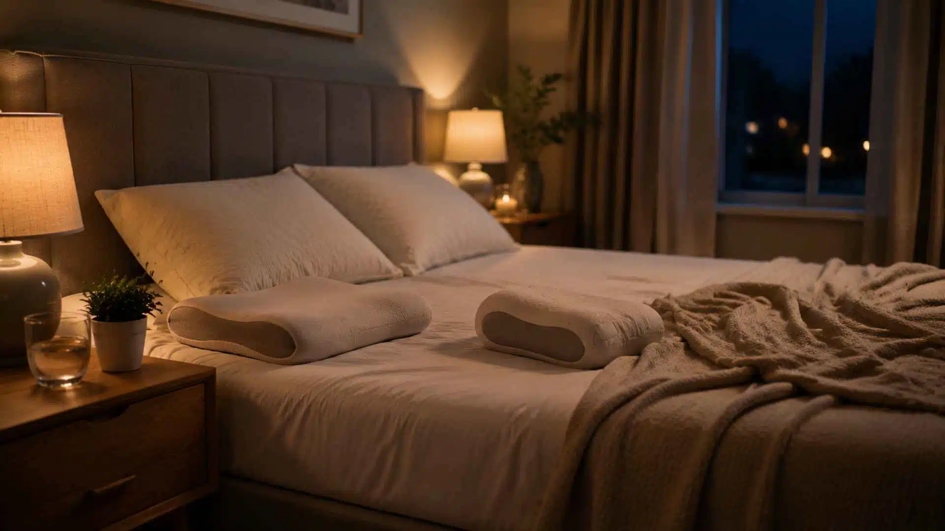 Cozy modern bedroom at night with warm lighting, neatly made bed and calm minimalist sleep environment.