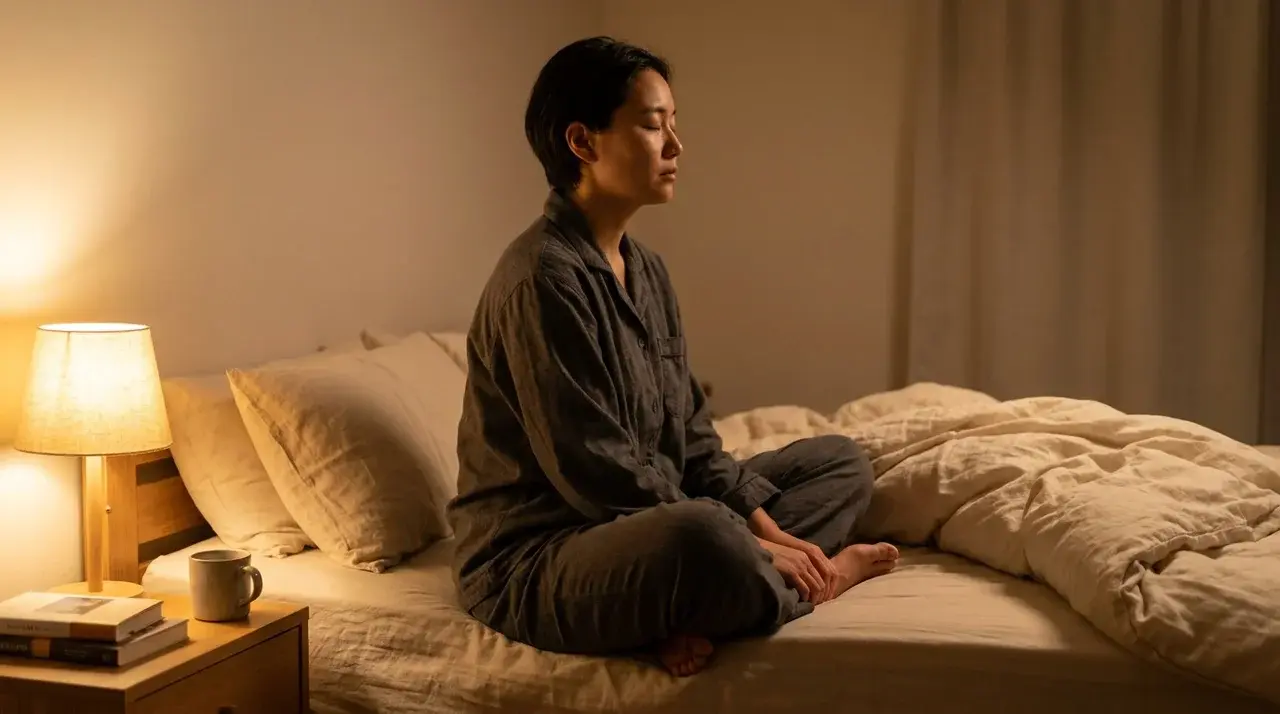 Person sitting cross legged on bed with eyes closed in a warmly lit bedroom practicing a calming bedtime relaxation routine.