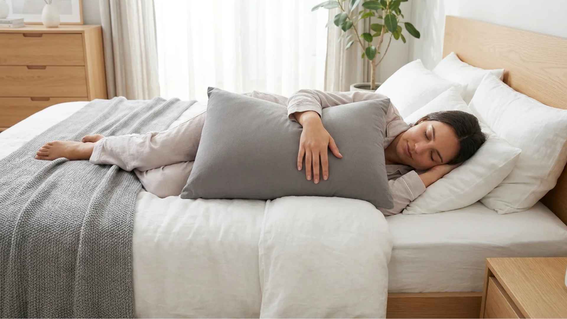 Sleeping while hugging pillow supporting arm and shoulder alignment to reduce nighttime pain and improve comfort.